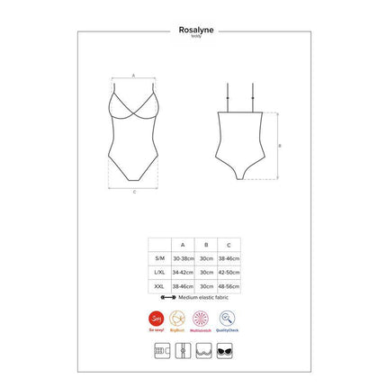 Size chart and dimensions for Rosalyne Teddy Red lingerie.