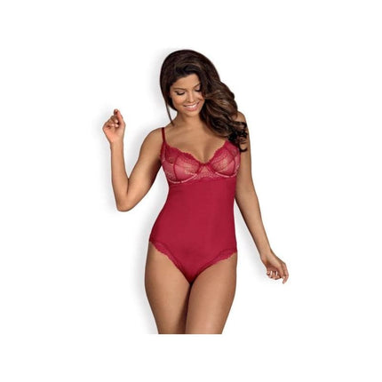 Rosalyne Teddy Red in matte finish and red lace, underwired bra, worn by model for sexy, confident look. Available in multiple sizes.