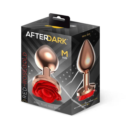 Afterdark Rose Gold Anal Plug with Red Rose Base Size M in packaging, showcasing luxurious design and elegant red rose-shaped base.