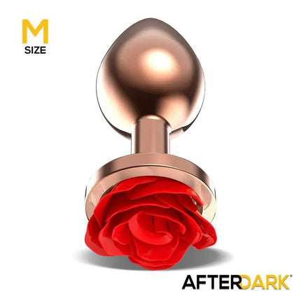 Rose Gold Anal Plug with Red Rose Base Size M by Afterdark, featuring luxurious rose gold metal and a red rose-shaped base for elegant anal play.