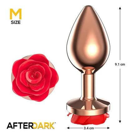 Rose Gold Anal Plug with Red Rose Base Size M by Afterdark - Luxury anal plug with rose gold finish and red rose-shaped base for stylish pleasure.