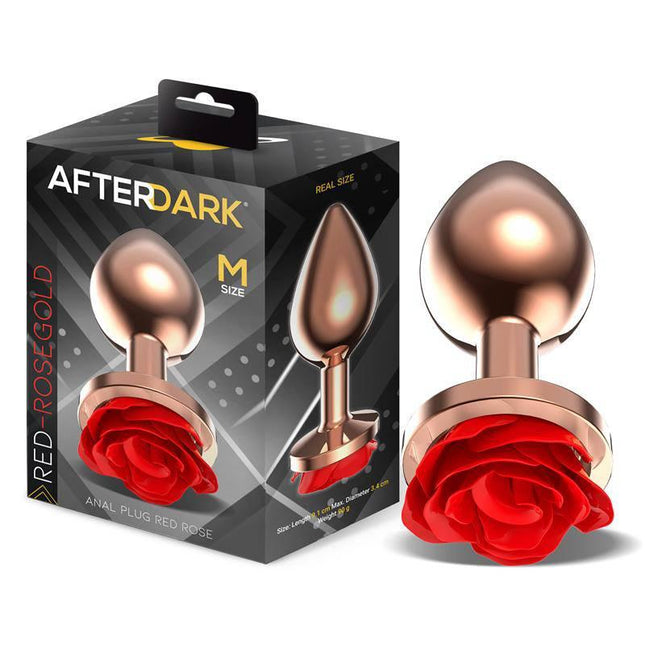 Rose Gold Anal Plug with Red Rose Base Size M in packaging and product display
