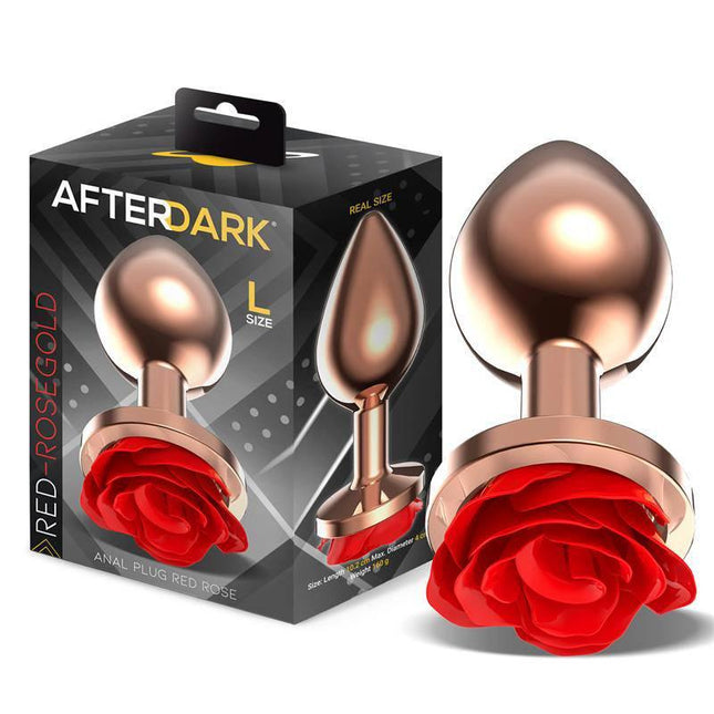 Rose Gold Anal Plugh with Red Rose Base size L displayed next to its packaging highlighting luxury and sensual design.