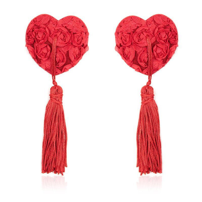 Rose Heart Nipple Covers Red with lace and tassels for intimate nights