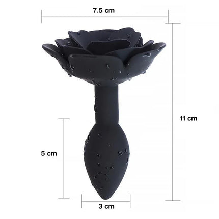 Rose Silicone Butt Plug Black with elegant rose design, featuring dimensions of 7.5 cm width and 11 cm height for refined pleasure.