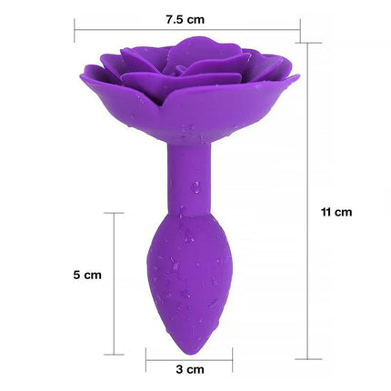 Rose Silicone Butt Plug Purple by A-GUSTO featuring a stimulating rose design, made from high-quality silicone, with product dimensions.