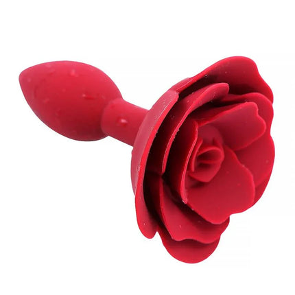 Red Rose Silicone Butt Plug by A-GUSTO with floral design base, elegant anal play accessory.
