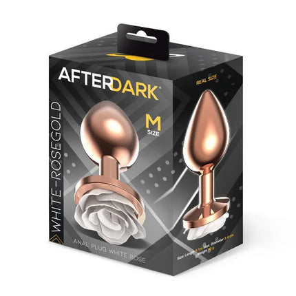 Packaging of Afterdark Rosegold Metal Anal Plug - Size M with White Rose Base, showcasing sophisticated design and premium quality.