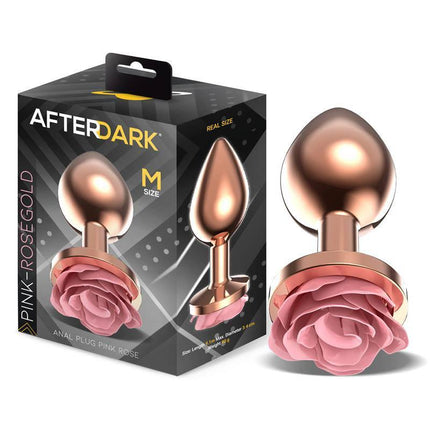 Rosegold Metal Anal Plug with Pink Rose Base - Size M in packaging and product view