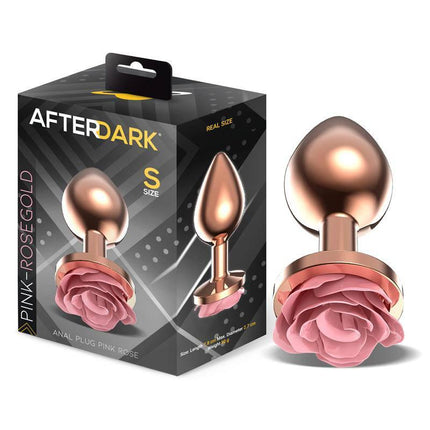 Rosegold Metal Anal Plug with Pink Rose Base by Afterdark - premium and stylish design in packaging and product view, size S.