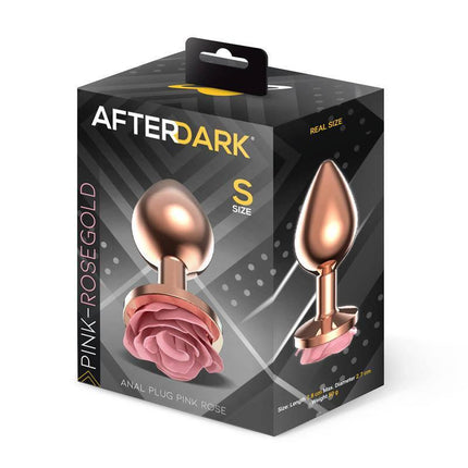 Packaging of Afterdark's Rosegold Metal Anal Plug with Pink Rose Base, S size. Shown in a sleek design with a pink flower accent.