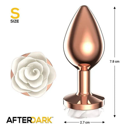 Rosegold Metal Anal Plug with White Rose Base for intimate luxury, small size 7.8 cm length by 2.7 cm width, smooth body-safe design.