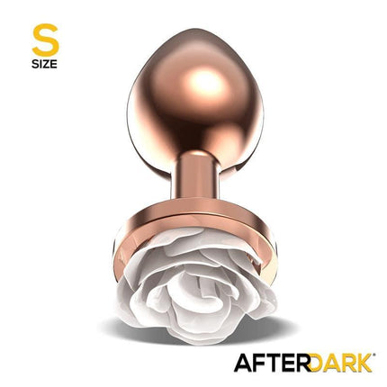 Rosegold Metal Anal Plug with White Rose Base in small size displayed on a white background