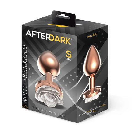 Packaging of Rosegold Metal Anal Plug with White Rose Base by Afterdark, featuring sleek rosegold design and elegant white rose base.