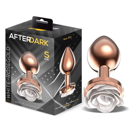 Rosegold Metal Anal Plug with White Rose Base, luxury intimate toy for beginners and experienced users, smooth and body-safe design