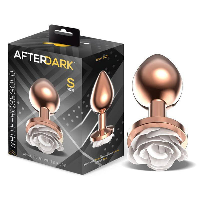 Rosegold Metal Anal Plug with White Rose Base, luxury intimate toy for beginners and experienced users, smooth and body-safe design
