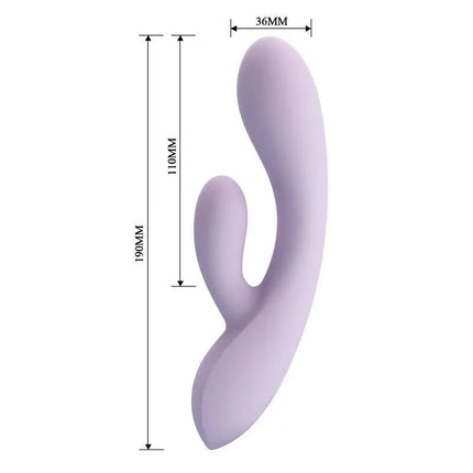 Rosolyn Vibe Liquid Silicone flexible G-spot and rabbit vibrator, 10 modes, dual motors, purple design, detailed measurement view