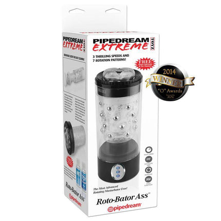 Roto-Bator Ass automated rotating masturbator in packaging with textured sleeve and pleasure beads for hands-free stimulation.