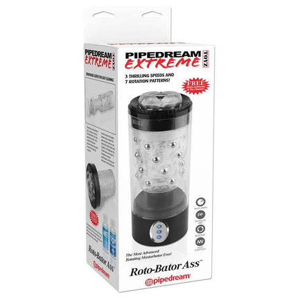 Packaging of Roto-Bator Ass automated rotating masturbator with beads and textured sleeve for hands-free stimulation.