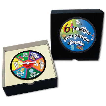 Roulette for Daring Couples game set featuring a colorful spinning wheel and packaging in a black box.