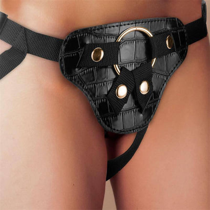 Roxane Universal Adjustable Harness with 3 Silicone Rings Black by Dildox, leather-like texture harness with secure, adjustable straps.