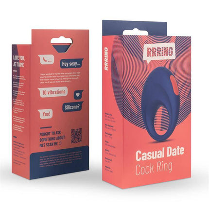 Packaging of Rring Casual Date Penis ring with Vibration USB Silicone showcasing product features.