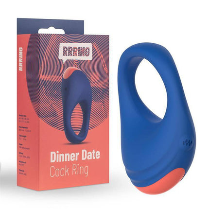 Rring Dinner Date Penis Ring with Vibration USB Silicone in blue, with box packaging. Enhances connection with ten vibration functions.