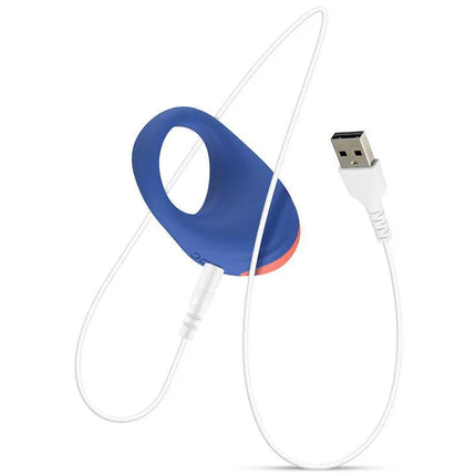 Rring Dinner Date Penis Ring with Vibration USB Silicone, blue silicone design, rechargeable with USB cable for couples' enhanced connection.