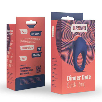 Packaging of Rring Dinner Date Penis Ring with Vibration USB Silicone showing design and features.