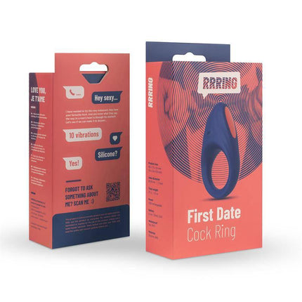 Packaging of First Date Cock Ring with Rring branding, showing product features and silicone material on the box design.