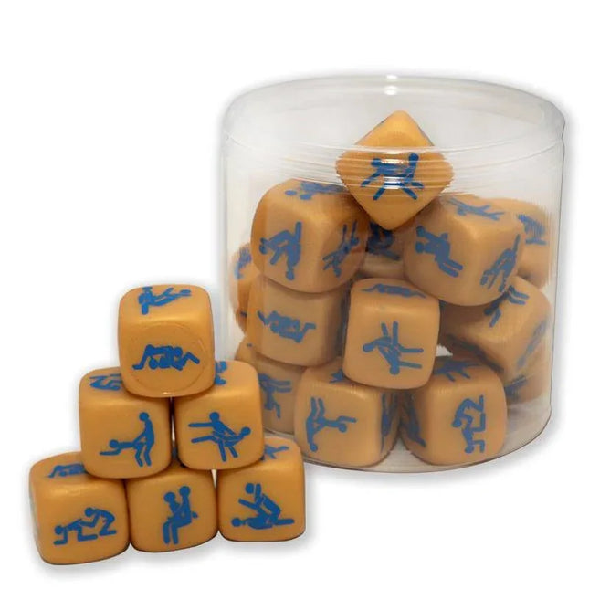 Rubber Hard Dice Gold Edition Gay Version 1 Die in a clear container with blue designs, showcasing durable and compact design for inclusive play.