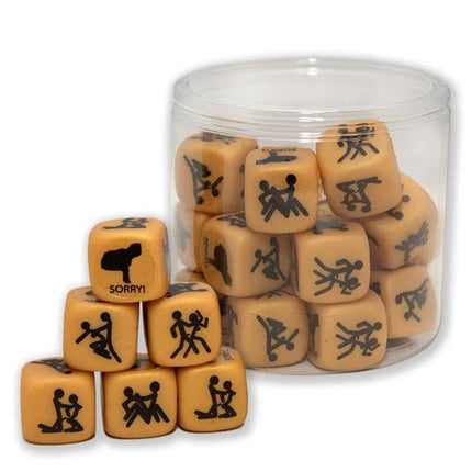 Rubber Hard Dice Gold Edition Hetero Version 1 Die with playful designs for intimate moments, shown stacked next to a clear container.