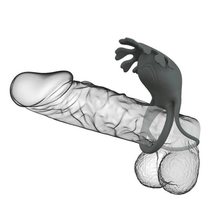 Ruben Vibrating Double Cock Ring on transparent model showcasing design and silicone texture.