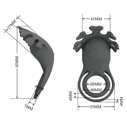 Dimensions of the Ruben Vibrating Double Cock Ring highlighting design and measurements.