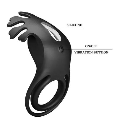 Black Ruben Vibrating Penis Ring USB with silicone material and vibration button for enhanced couples' pleasure.
