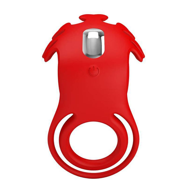 Red Ruben Vibrating Penis Ring USB made of body-safe silicone, designed for couples to enhance intimacy with dual-fit flexible rings.