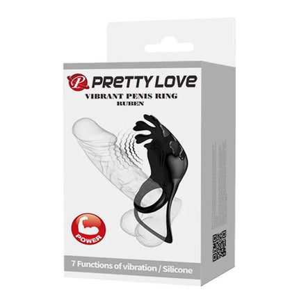 Product packaging of Ruben Vibrating Penis Ring USB for enhanced couples' pleasure and stamina with silicone design and multiple functions.