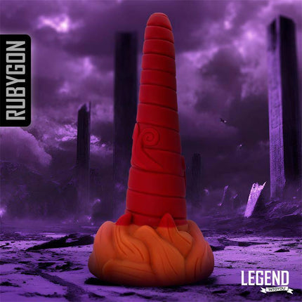 Rubygon Liquid Silicone Dildo 24,5 cm in a vivid, fantasy-inspired setting showcasing its unique design by Lengen Dildos.