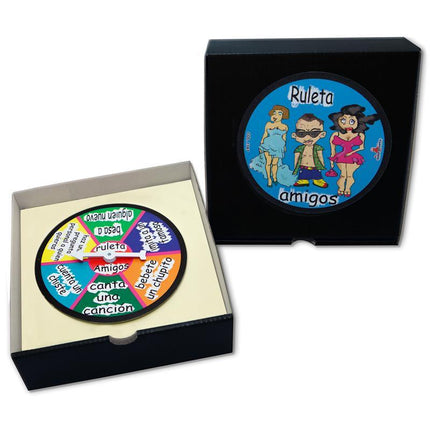 Ruleta Amigos party game with wheel and instructions, ideal for game nights with friends to spark conversation and laughter.