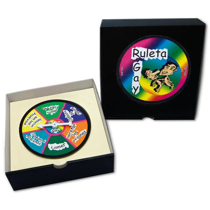 Colorful board game set with a vibrant spinner labeled Ruleta Gay, designed for fun social gatherings with interactive gameplay.