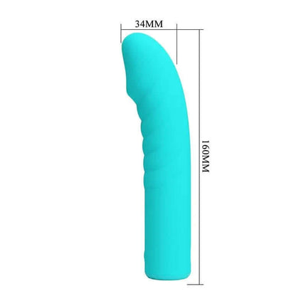 Blue Rylan G-Spot Vibrator with measurements displayed