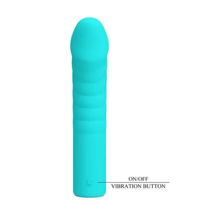 Rylan G-Spot Vibrator in teal with ribbed design and easy on/off button for targeted stimulation.
