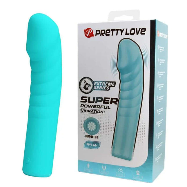 Rylan G-Spot Vibrator with 10 vibration functions, shown with packaging, highlighting sleek silicone design and USB charging option.