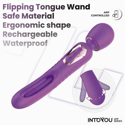 Salma Wand with Flipping Tongue and Vibration with App, ergonomic purple design, showcasing controls and features