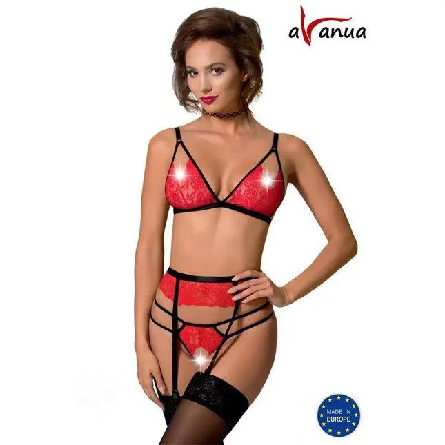 Woman wearing SALOME Set Red/Black lingerie, featuring sensual red and black design, with stockings and suspender belt for an elegant look.