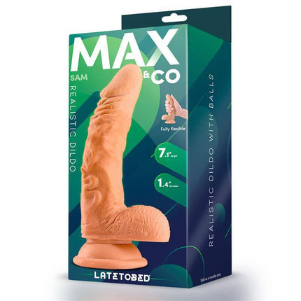 Sam Realistic Dildo with Testicles 7.1 Flesh in packaging, featuring lifelike design and suction cup base, by Max & Co.