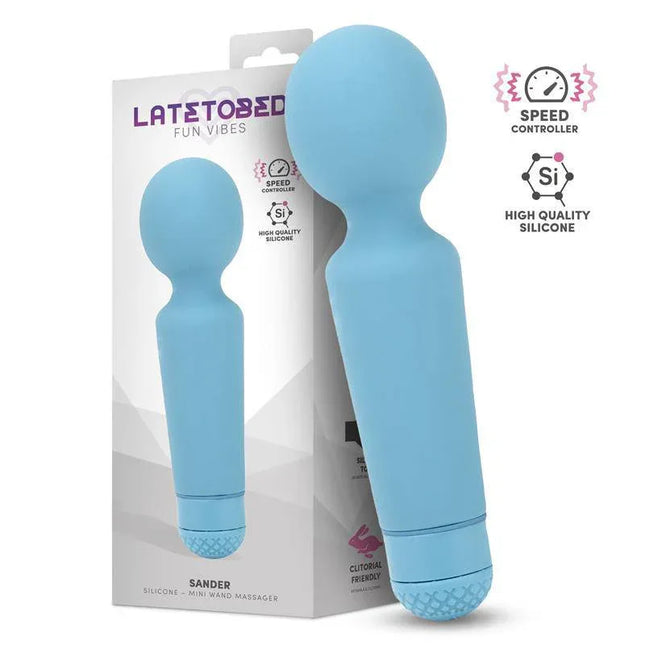 Sander Mini Wand Massage in blue with packaging, featuring high-quality silicone and speed control for versatile stimulation.