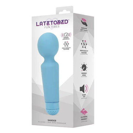 Sander Mini Wand Massage in packaging, compact silicone wand for versatile stimulation with curved head for maximum pleasure.