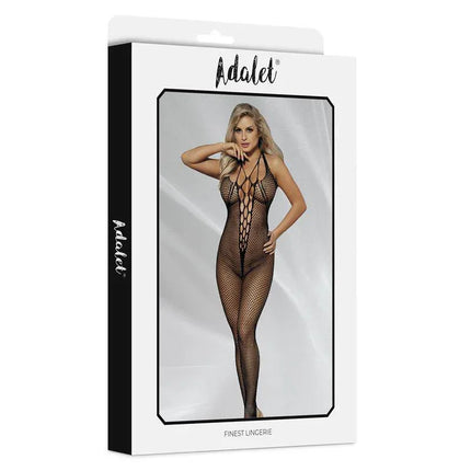 Sarah Fishnet Bodystocking packaging from Adalet, featuring daring mixed fishnet design and wide neckline for bold style.