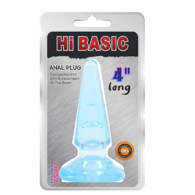 SASSY Anal Plug-Blue 10,4 x 3,2cm packaged for display with vibration option.